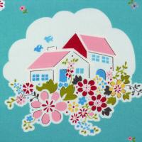 Blauw met huisjes en bloemen